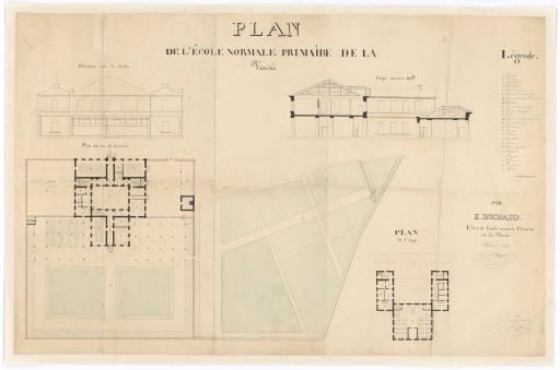 Plan de l'école normale primaire de la Vendée : élévation sur le jardin, coupe, plan du rez-de-chaussée, plan du premier étage / par E. Ruchaud, élève de l'école normale primaire.